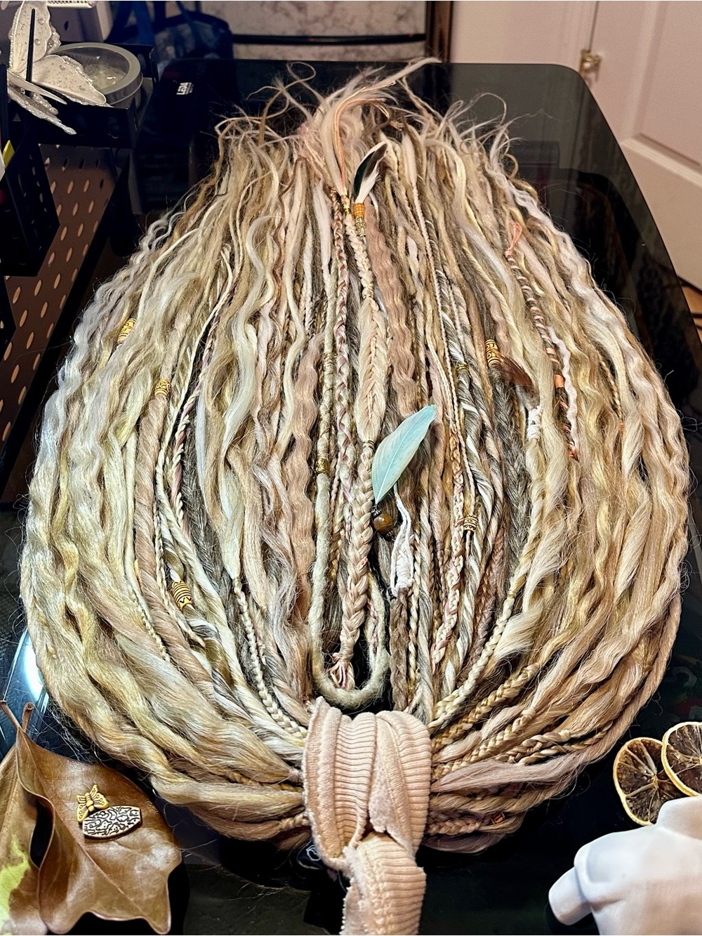 Boho Blonde Synthetic Dreadlock Hairpiece with Beads & Feathers